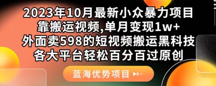 2023年10月最新小众暴力行为新项目，靠搬运视频,每月转现1w ，外边卖598的小视频运送高科技，各个平台轻轻松松百分之百过原创设计-中创网_分享创业资讯_网络项目资源