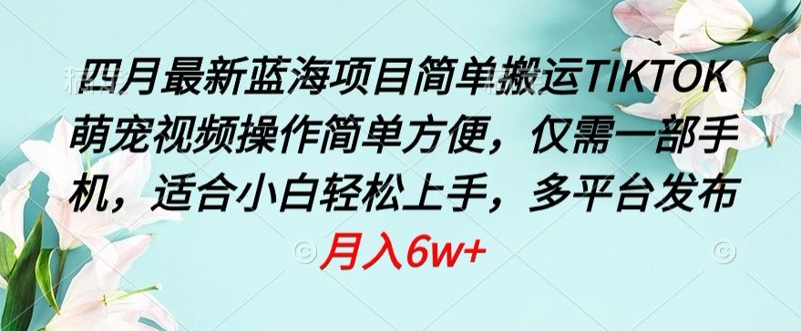 四月最新蓝海项目，简单搬运TIKTOK萌宠视频，操作简单方便，仅需一部手机【揭秘】-中创网_分享创业资讯_网络项目资源