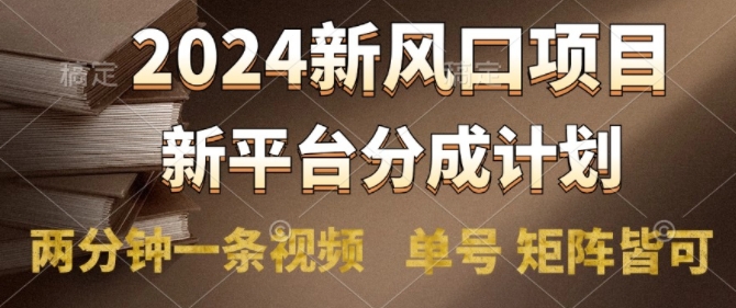 2024风口项目，新平台分成计划，两分钟一条视频，单号 矩阵皆可操作轻松上手月入9000+-中创网_分享创业资讯_网络项目资源