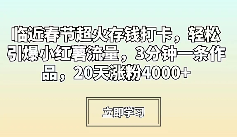 临近春节超火存钱打卡，轻松引爆小红薯流量，3分钟一条作品，20天涨粉4000+【揭秘】-中创网_分享创业资讯_网络项目资源